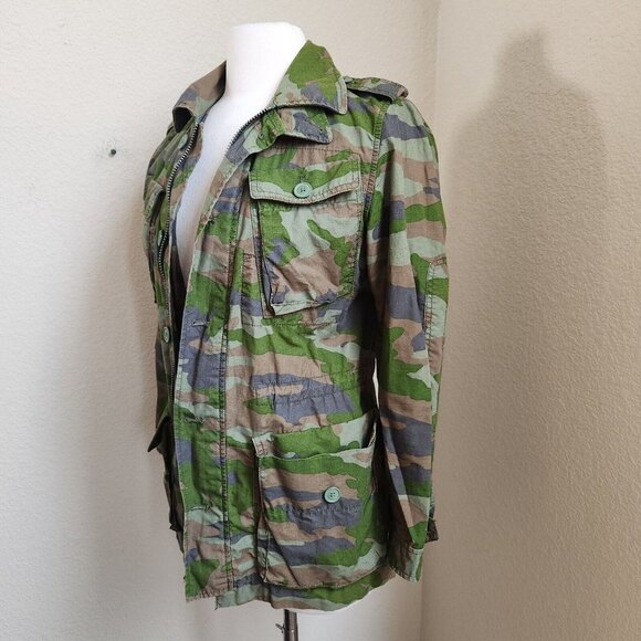 J Crew Jacket Womens XS Boyfriend Fatigue Hooded Camouflage Cotton camo army zip - Picture 4 of 13